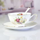 Big Flower 10OZ 220cc Ceramic Cup And Saucer Set With Golden Lace