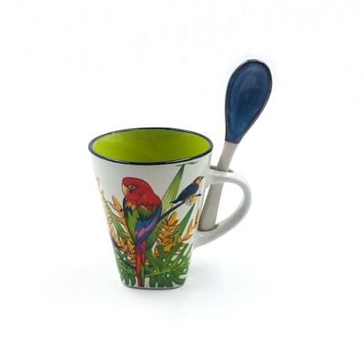 10oz 10.8cm Height Ceramic Coffee Mugs With Spoon Hand Drawn