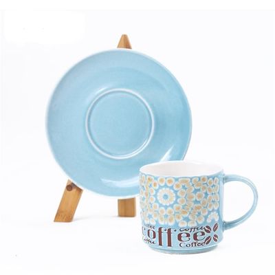 Embossed Stackable Ceramic Cup And Saucer Set Silk Screen Blue