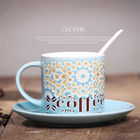 Embossed Stackable Ceramic Cup And Saucer Set Silk Screen Blue
