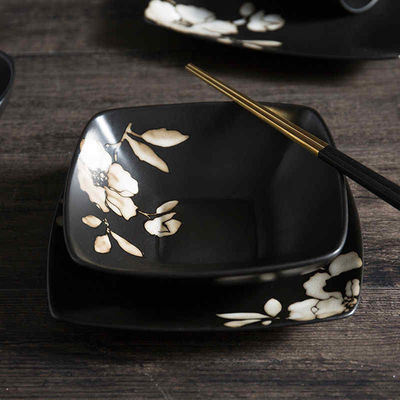 5pcs On Glazed  Porcelain Dinnerware Set Marble Matte Black For Sushi Shop