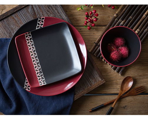 Matte Black And Red 8 Inch Plate Porcelain Dinnerware Set Square