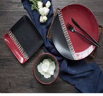 Matte Black And Red 8 Inch Plate Porcelain Dinnerware Set Square