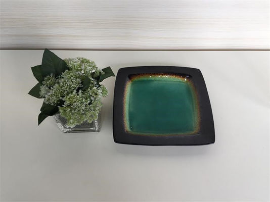 FDA Approve Taupe And Green Square Stoneware Dinner Sets For 4