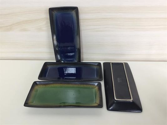 Reactive Colored 10 Inches Rectangle Pottery Dinner Plates For Sushi Shops