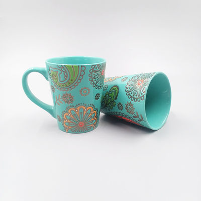 14oz V-Shape Ceramic Green Glazed Hand Painted Gold Flower Coffee  Mugs