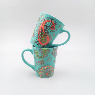 14oz V-Shape Ceramic Green Glazed Hand Painted Gold Flower Coffee  Mugs