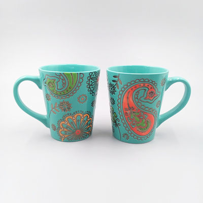 14oz V-Shape Ceramic Green Glazed Hand Painted Gold Flower Coffee  Mugs