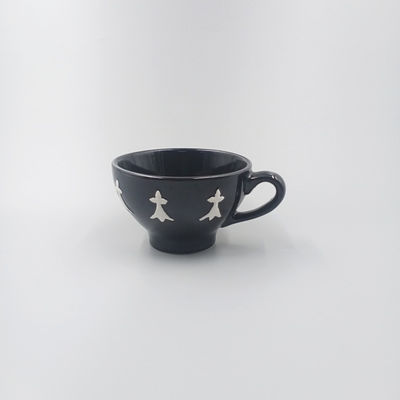 9oz Bright Black Glazed White Relief Ceramic Cup Coffee Tea Cup