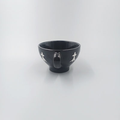 9oz Bright Black Glazed White Relief Ceramic Cup Coffee Tea Cup