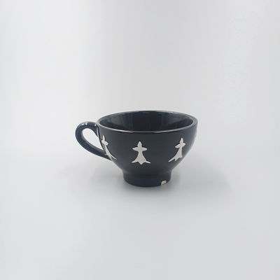 9oz Bright Black Glazed White Relief Ceramic Cup Coffee Tea Cup
