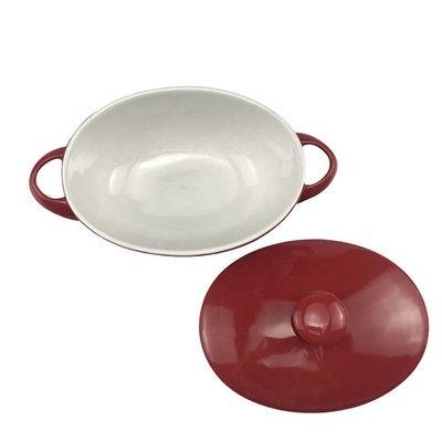 Red Glazed Small Oval Ceramic Casserole Dish With Lid
