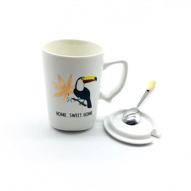Office Use 11Oz 320ml White Bone China Mugs With Lid And Spoon