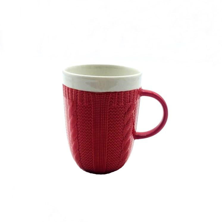 Green Red 12Oz 350ml Ceramic Drinking Mugs Embossed Knit Pattern