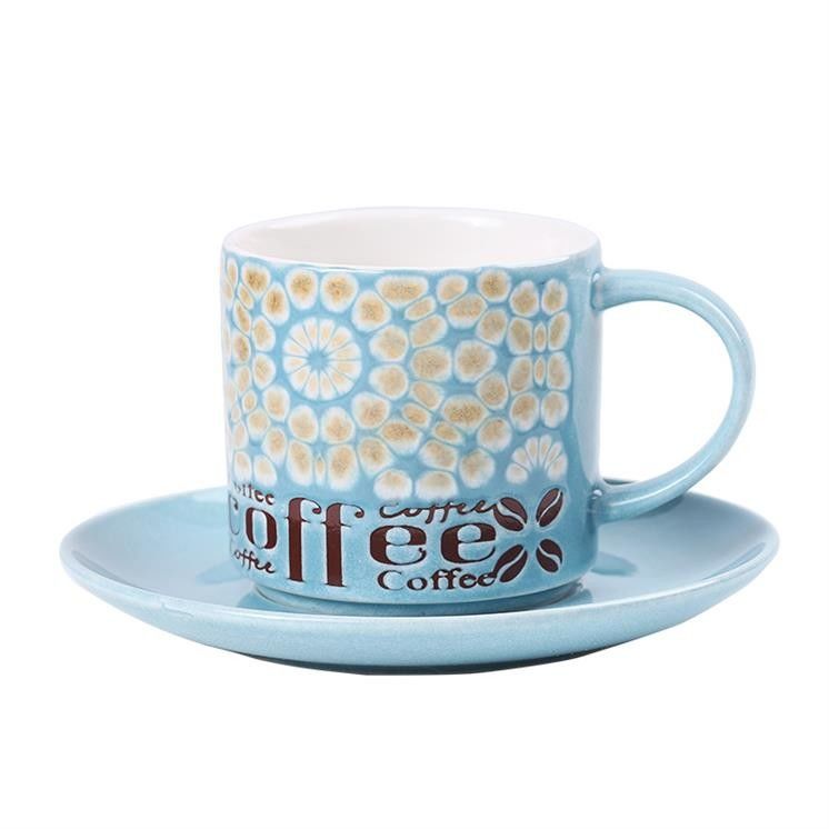 Embossed Stackable Ceramic Cup And Saucer Set Silk Screen Blue