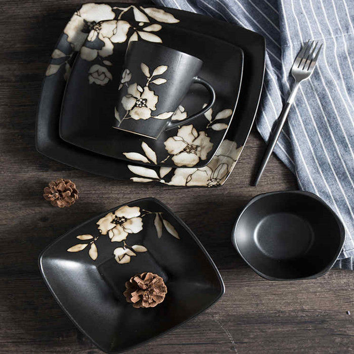 5pcs On Glazed  Porcelain Dinnerware Set Marble Matte Black For Sushi Shop