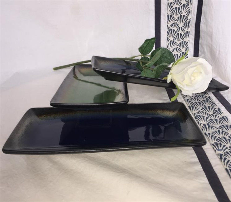 Reactive Colored 10 Inches Rectangle Pottery Dinner Plates For Sushi Shops