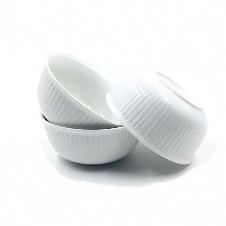 White Lightweight Embossed Ceramic Serving Bowls 6 Inch For Rice