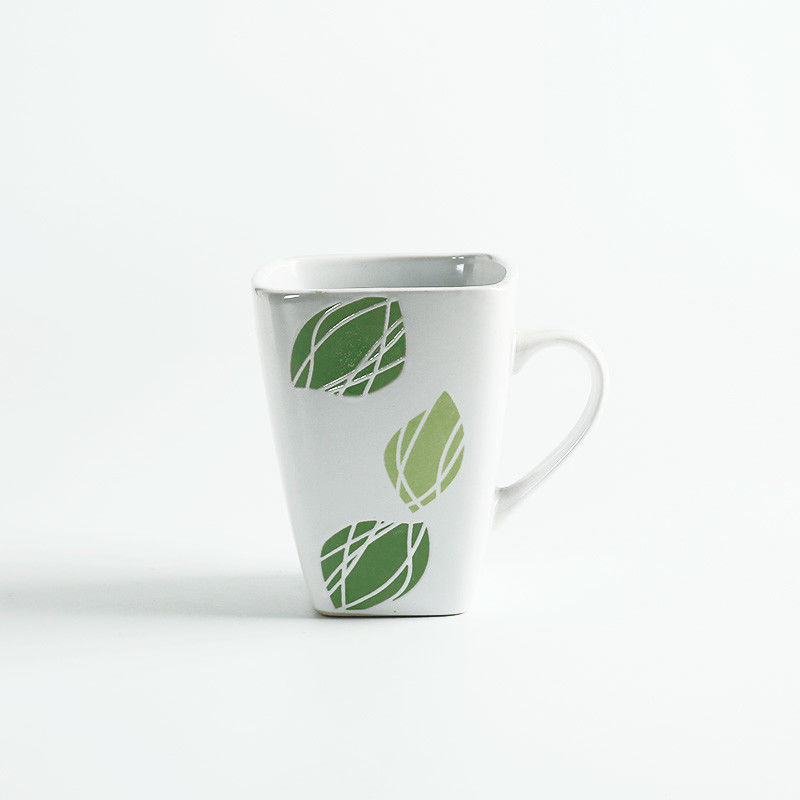 Square 10oz Hand Painted Pottery Mugs LFGB With Green Leaf Pattern