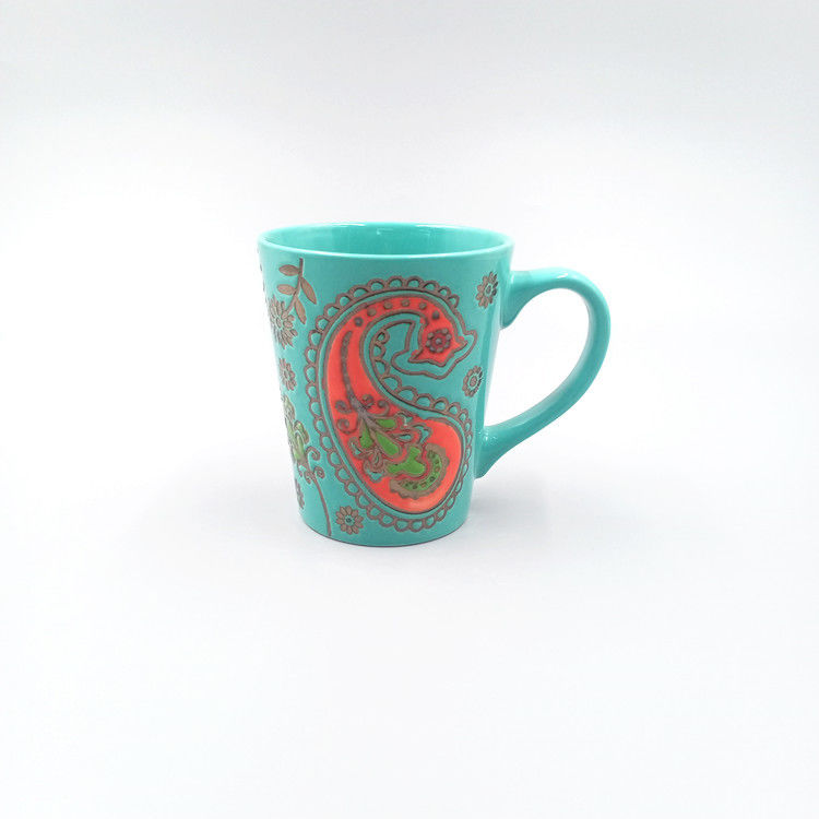 14oz V-Shape Ceramic Green Glazed Hand Painted Gold Flower Coffee  Mugs