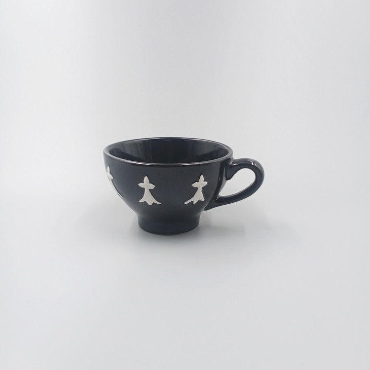 9oz Bright Black Glazed White Relief Ceramic Cup Coffee Tea Cup