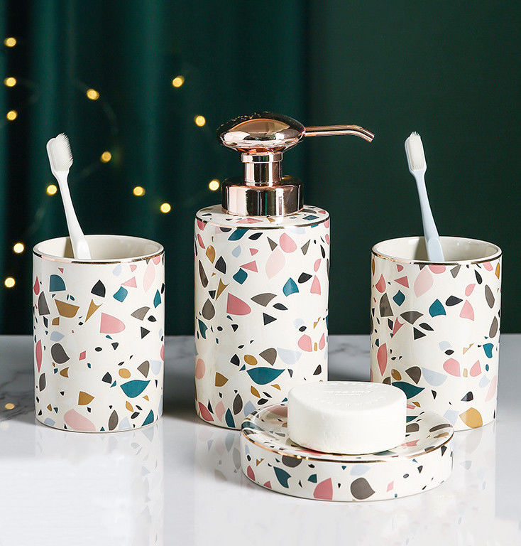 Marbling Design Ceramic Bath Accessory Set Gilt Edged Decal Glazed