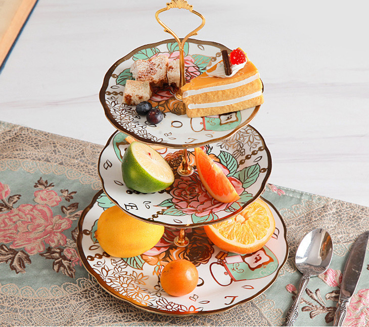 European Three Layer Ceramic Fruit Plate Gold Plated For Export