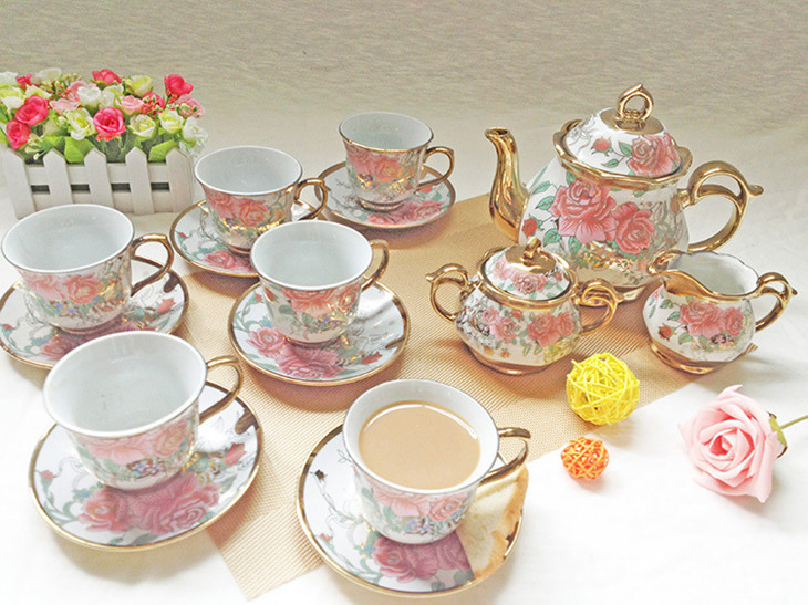 Gold Rim Decal Electroplated Ceramic Coffee Cups Water Pot Hand Painted