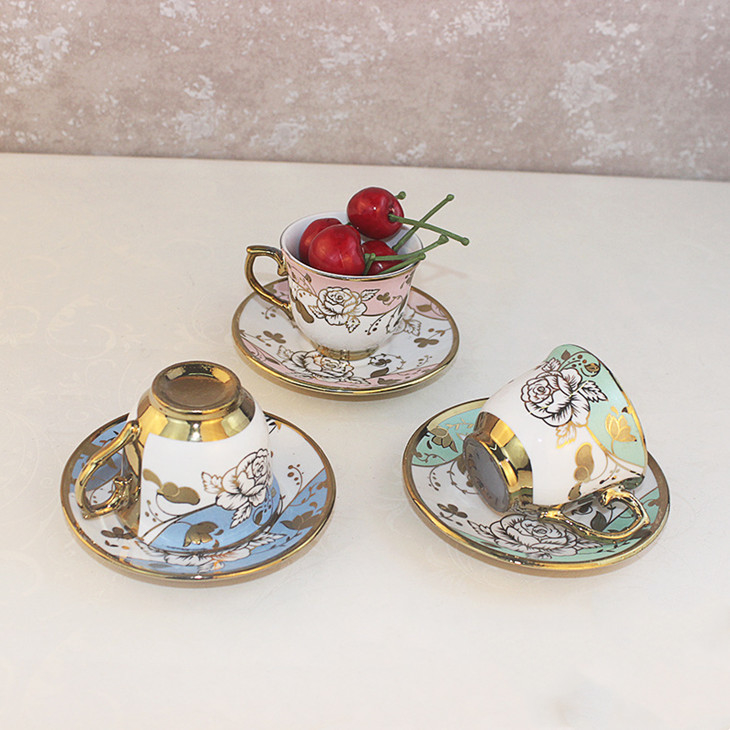 Couple Pair Smiling Face Coffee Ceramic Cup And Saucer Set Gold Plated